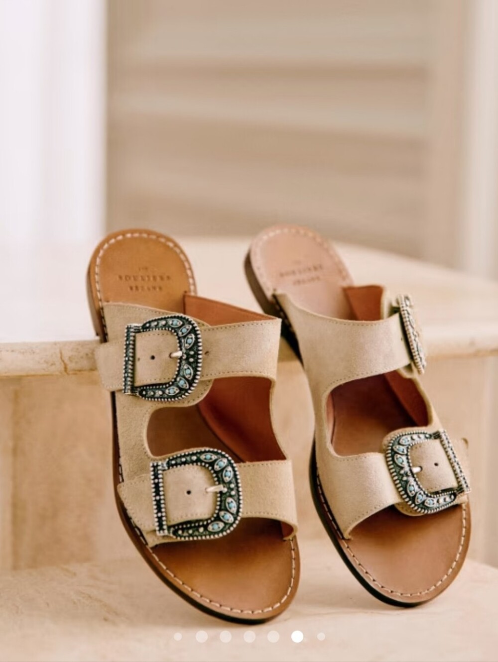 Sezane Jade Low Mules Tan Suede Slide Sandals with Silver Turquoise Buckles - 37